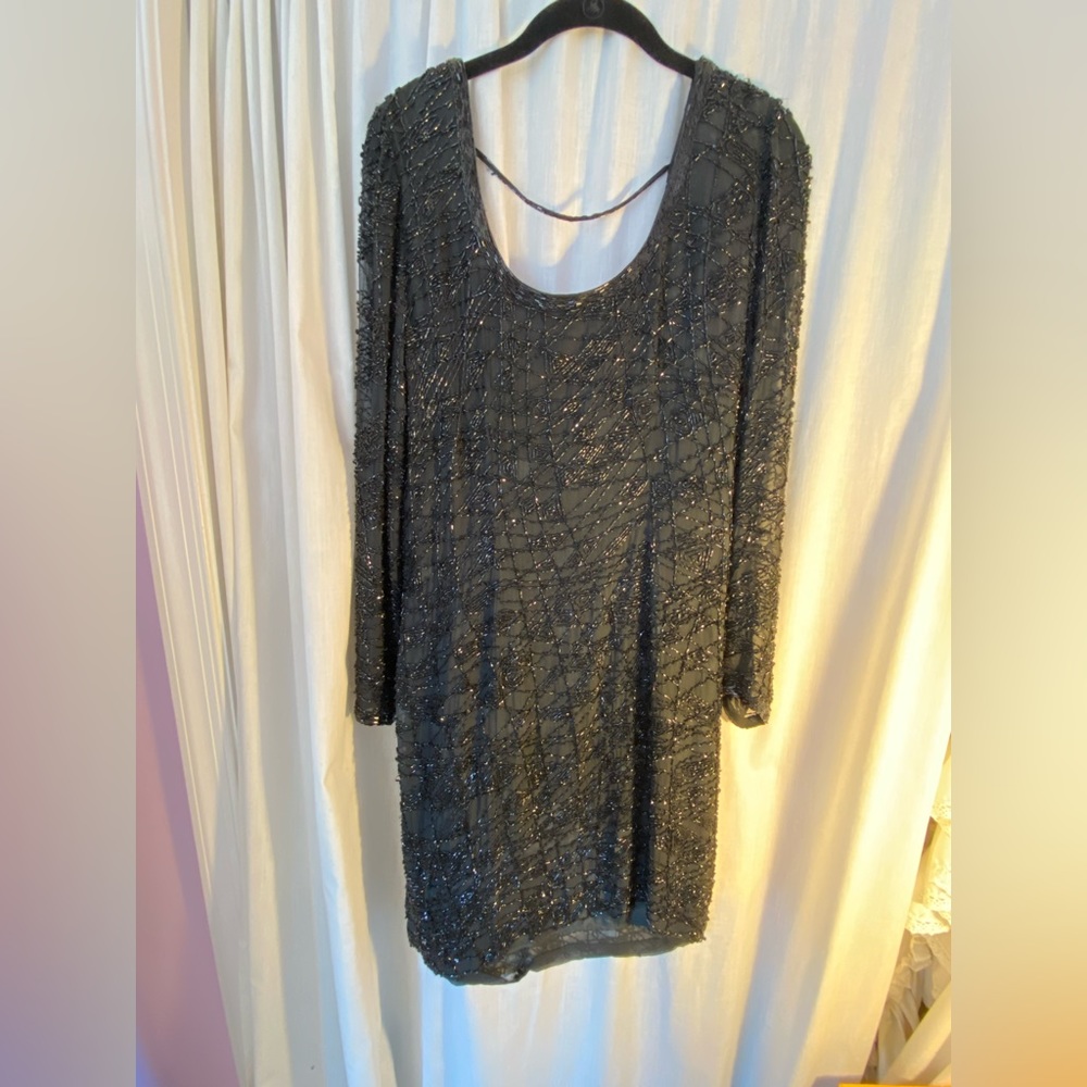 Black Tie Oleg Cassini Black Beaded Long Sleeve Dress Size Woman’s 12